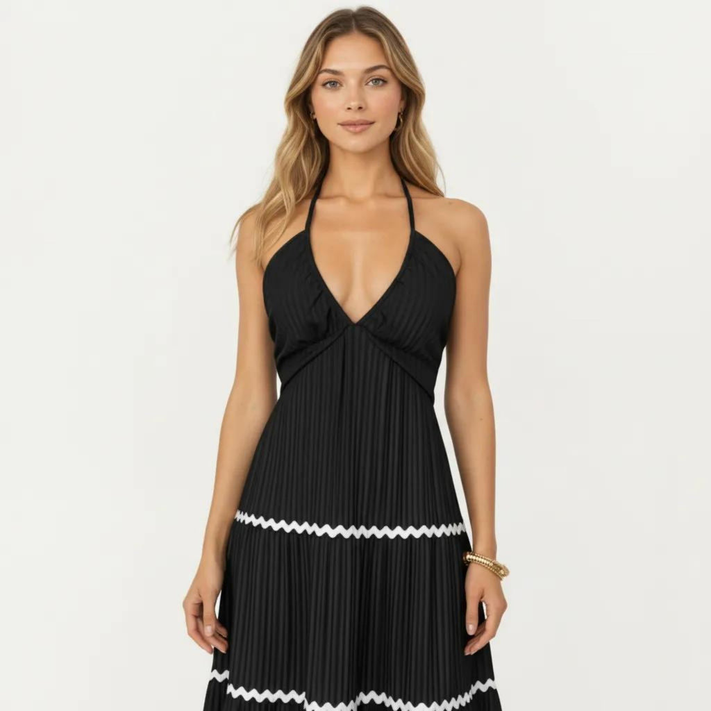 Anna-Kaci Sleeveless Halter Neck Maxi Dress with Pleated Fabric Contrast Trim Detail and Tiered Flowy Design