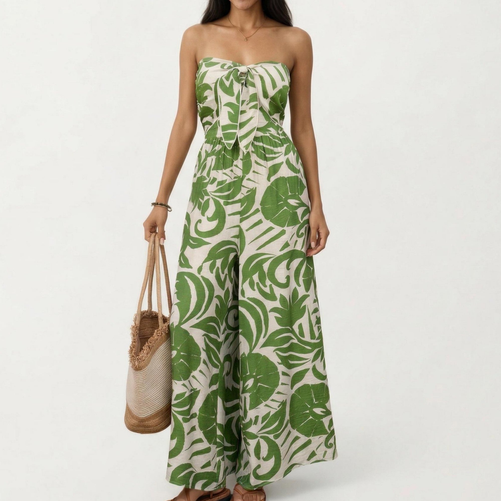 Anna-Kaci Strapless Wide Leg Jumpsuit with Tropical Print Front Tie Detail and Relaxed Flowy Fit Design