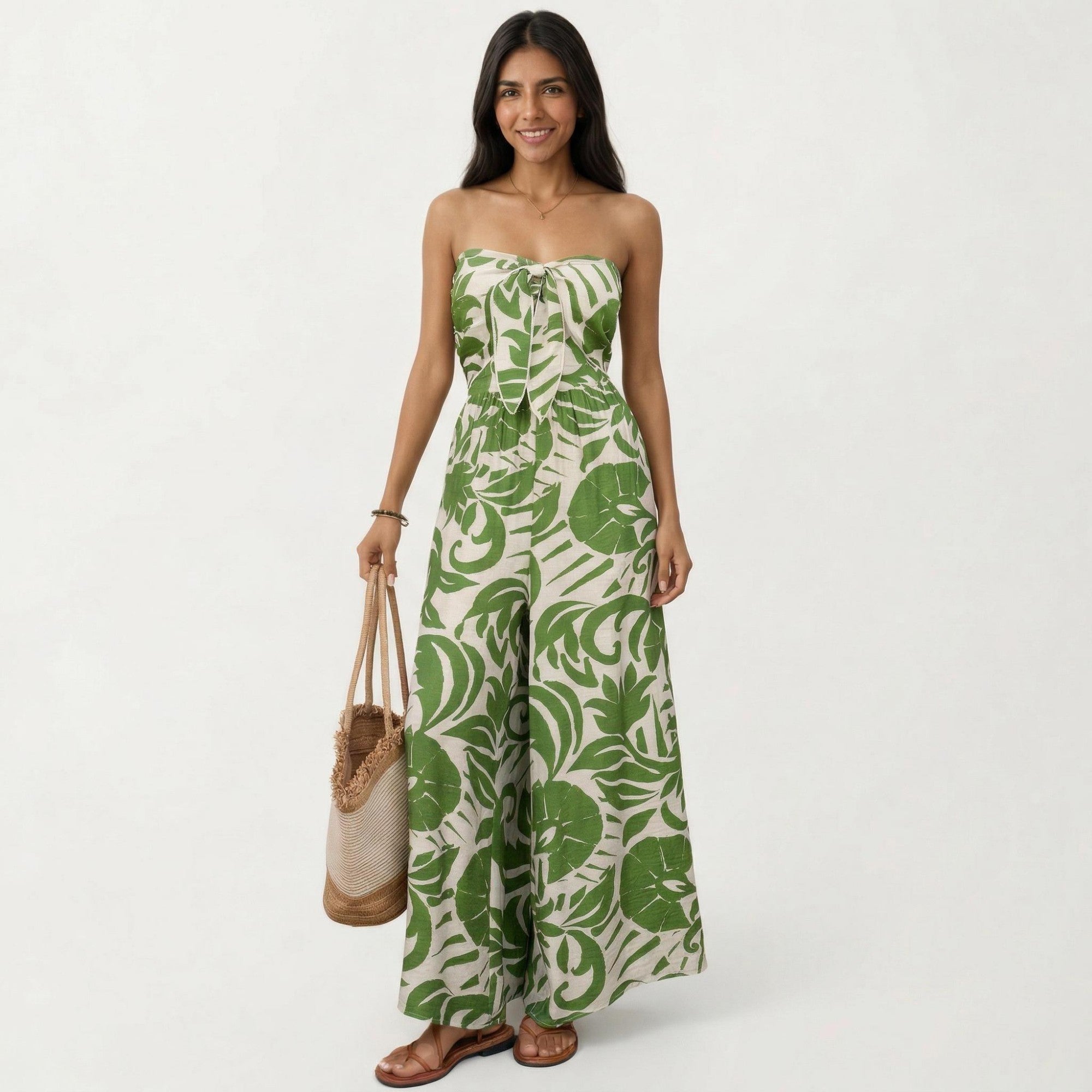 Anna-Kaci Strapless Wide Leg Jumpsuit with Tropical Print Front Tie Detail and Relaxed Flowy Fit Design
