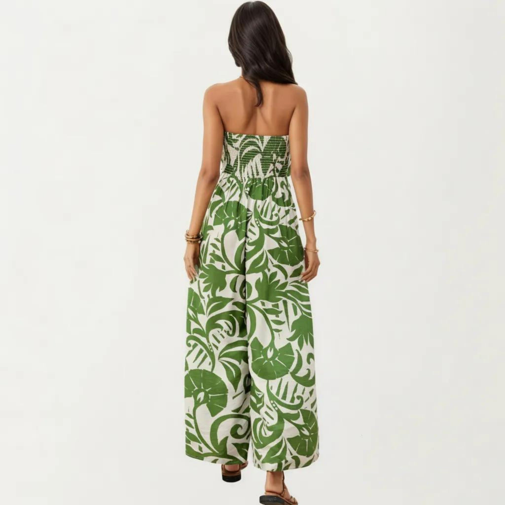 Anna-Kaci Strapless Wide Leg Jumpsuit with Tropical Print Front Tie Detail and Relaxed Flowy Fit Design