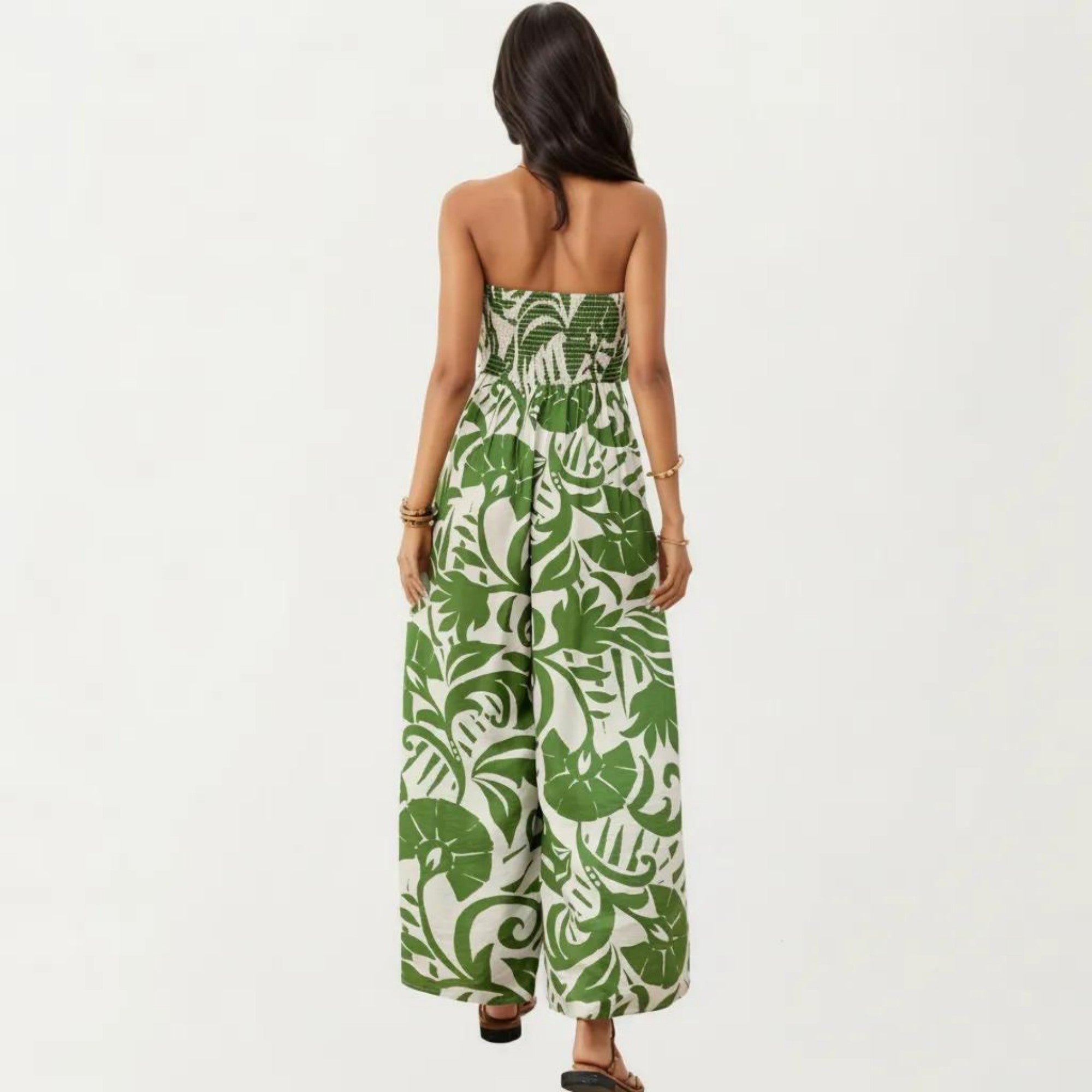 Anna-Kaci Strapless Wide Leg Jumpsuit with Tropical Print Front Tie Detail and Relaxed Flowy Fit Design