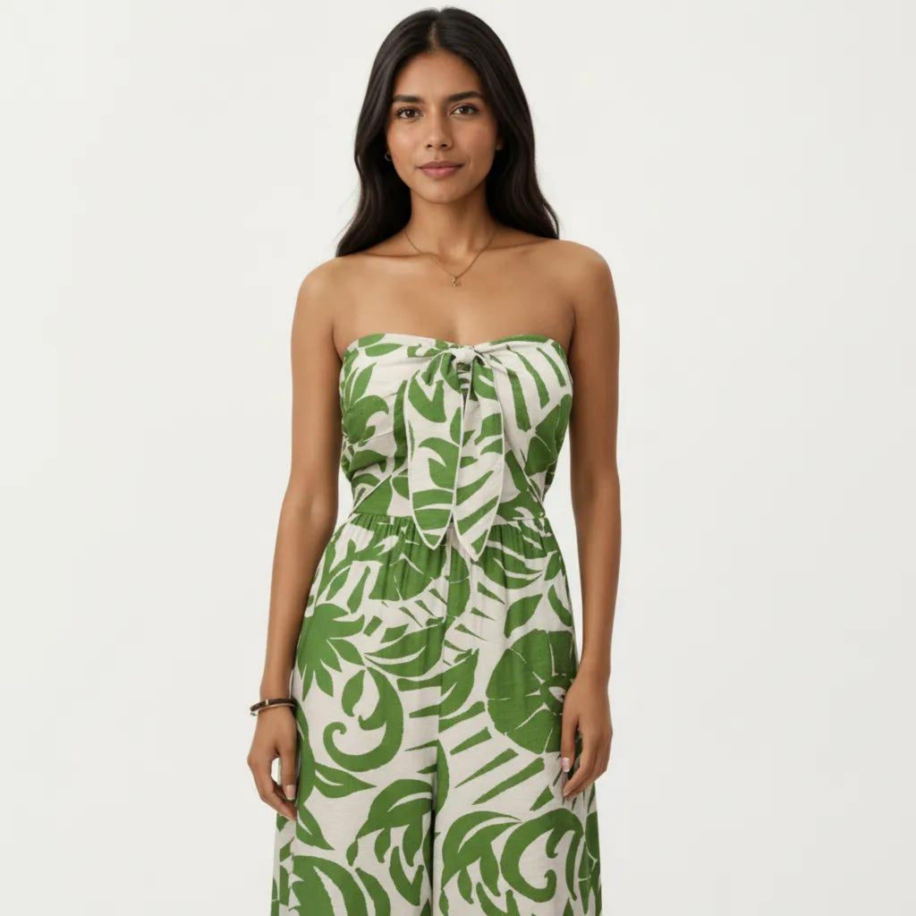 Anna-Kaci Strapless Wide Leg Jumpsuit with Tropical Print Front Tie Detail and Relaxed Flowy Fit Design