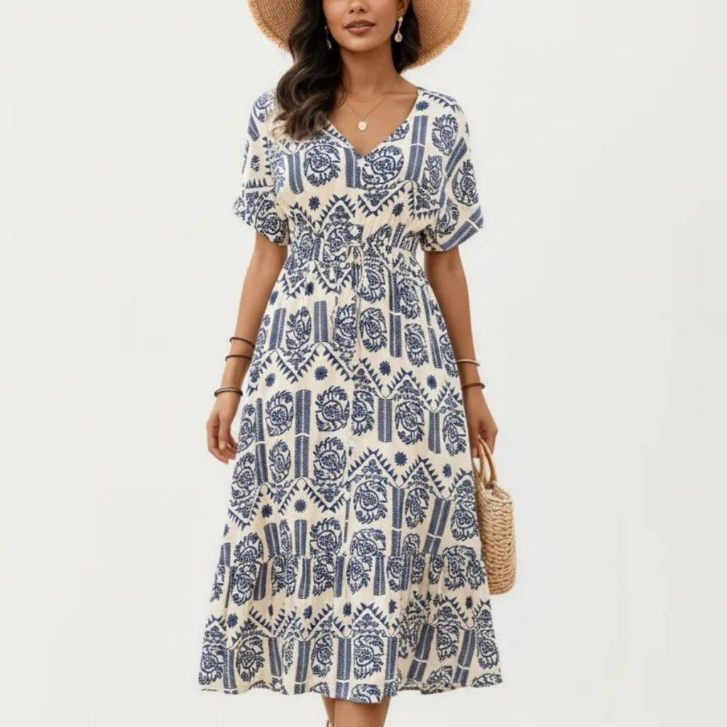 Anna-Kaci Short Sleeve Printed Midi Dress with V Neckline Drawstring Waist and Tiered Flowy Silhouette Design