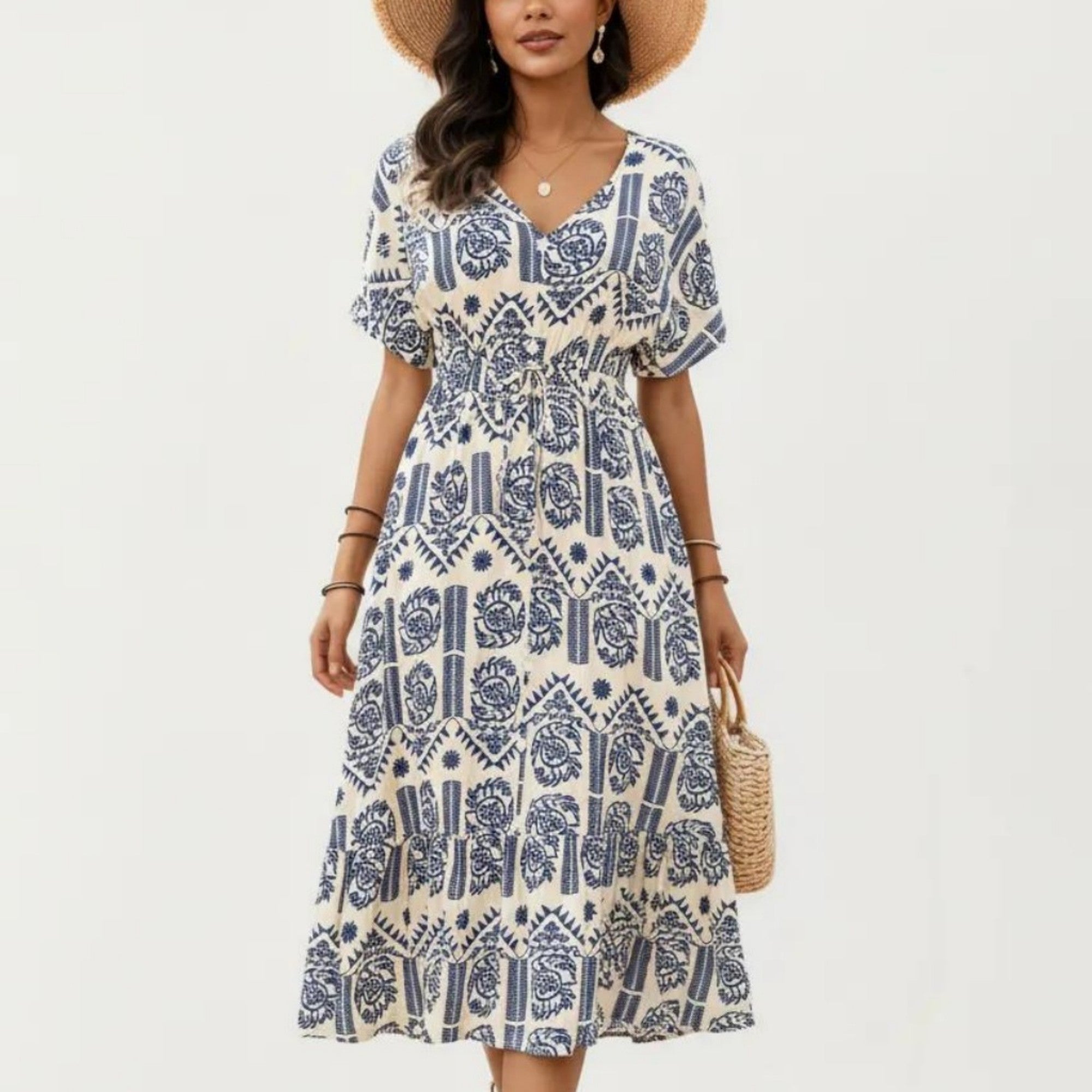 Anna-Kaci Short Sleeve Printed Midi Dress with V Neckline Drawstring Waist and Tiered Flowy Silhouette Design