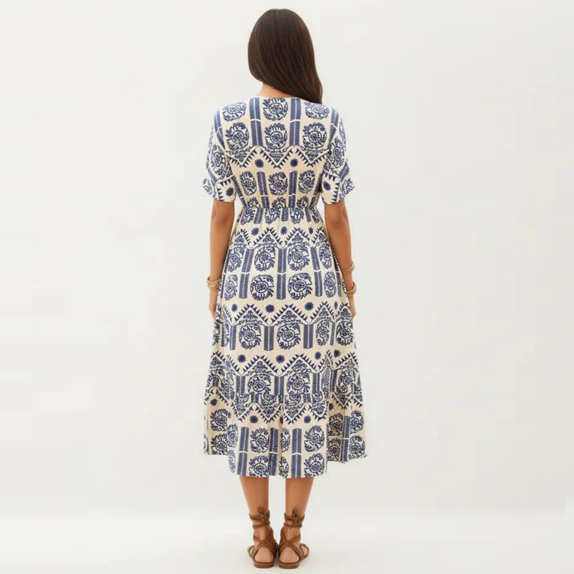 Anna-Kaci Short Sleeve Printed Midi Dress with V Neckline Drawstring Waist and Tiered Flowy Silhouette Design