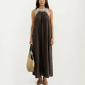 Anna-Kaci Sleeveless Halter Neck Maxi Dress with Contrast Trim Detail and Relaxed Flowy A-Line Silhouette