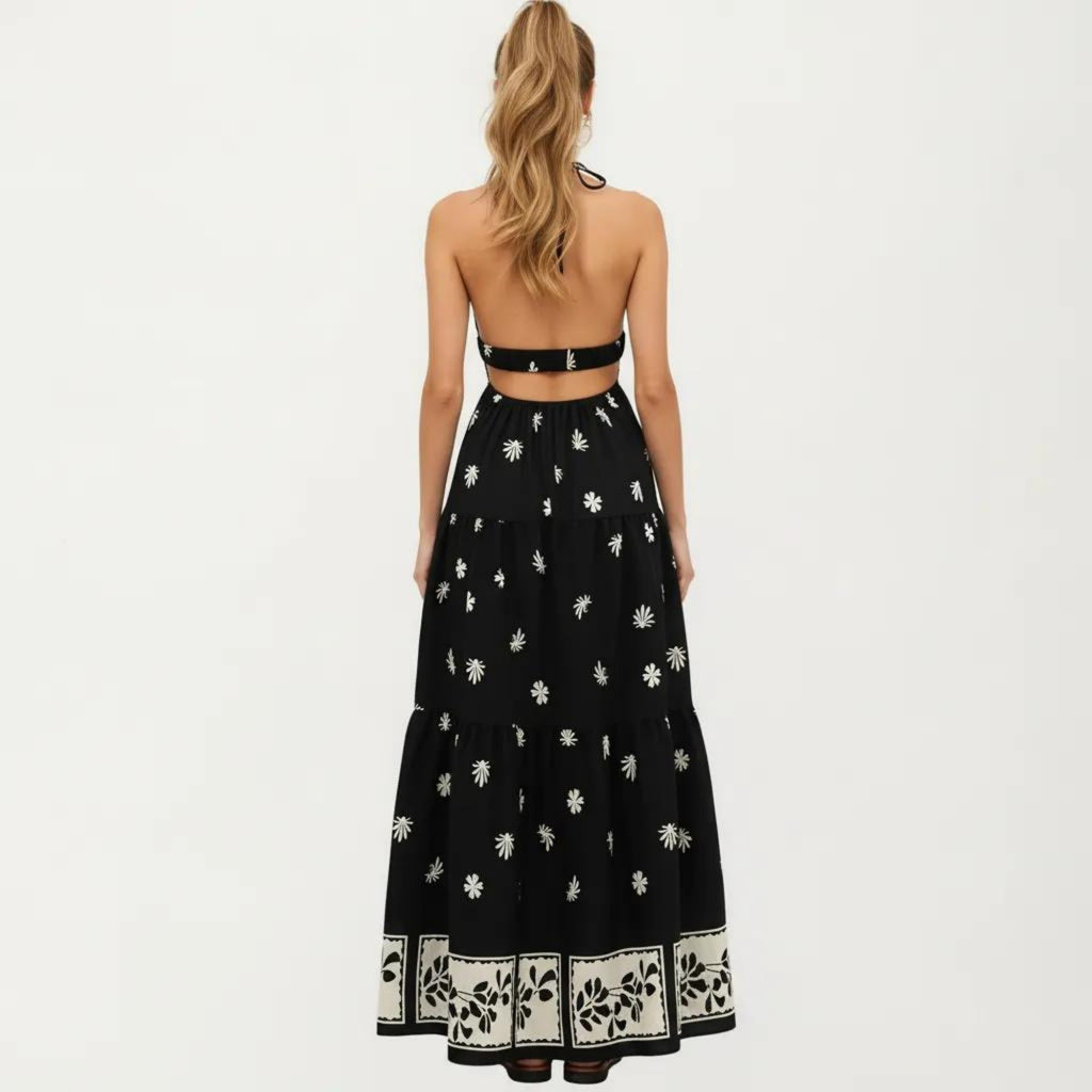 Anna-Kaci Sleeveless Halter Neck Maxi Dress with Floral Print Keyhole Detail and Tiered Flowy Silhouette