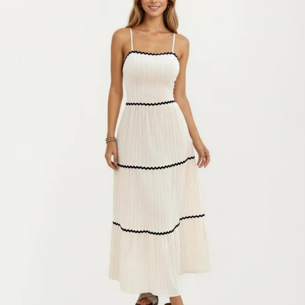 Anna-Kaci Sleeveless Pleated Maxi Dress with Spaghetti Straps Contrast Trim Detail and Flowy Tiered