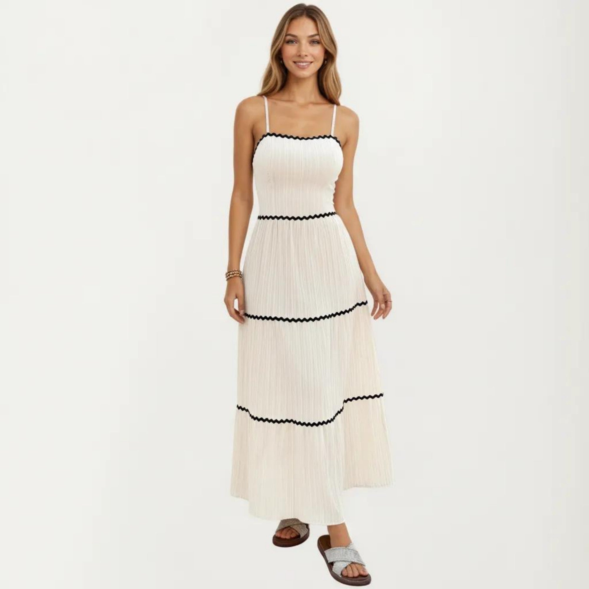 Anna-Kaci Sleeveless Pleated Maxi Dress with Spaghetti Straps Contrast Trim Detail and Flowy Tiered
