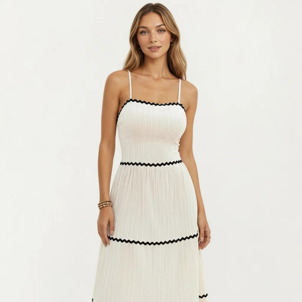 Anna-Kaci Sleeveless Pleated Maxi Dress with Spaghetti Straps Contrast Trim Detail and Flowy Tiered