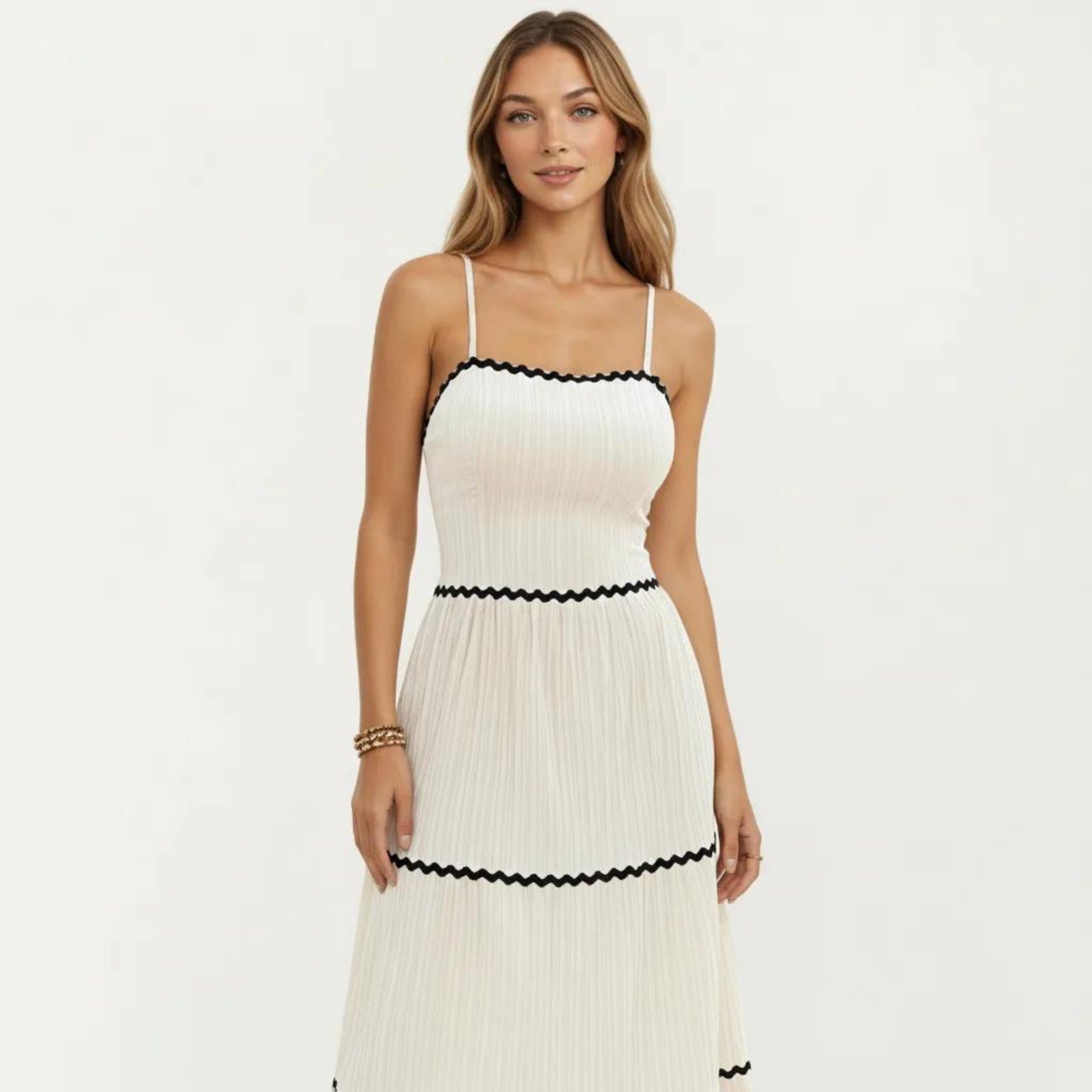 Anna-Kaci Sleeveless Pleated Maxi Dress with Spaghetti Straps Contrast Trim Detail and Flowy Tiered