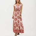 Anna-Kaci Short Sleeve Maxi Dress with Printed Design V Neckline Smocked Waist and Tiered Flowy Silhouette