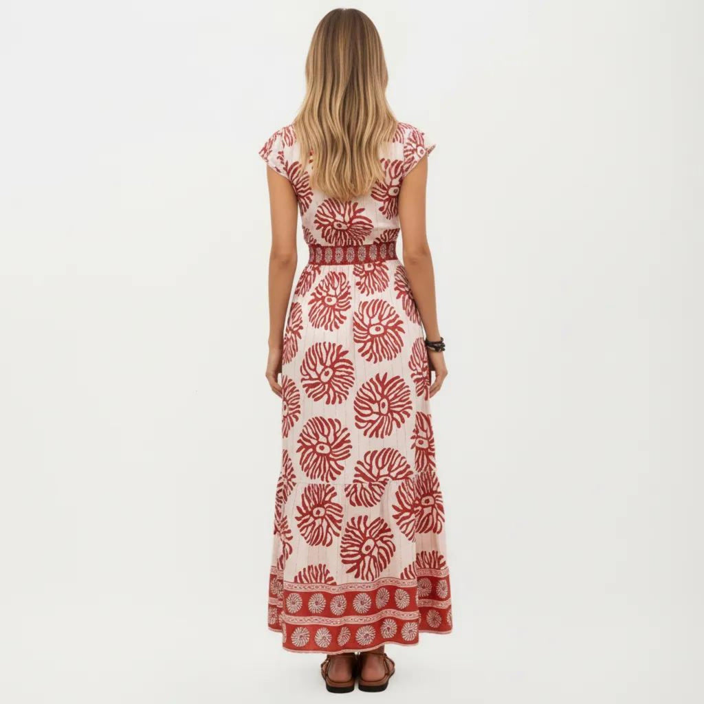 Anna-Kaci Short Sleeve Maxi Dress with Printed Design V Neckline Smocked Waist and Tiered Flowy Silhouette
