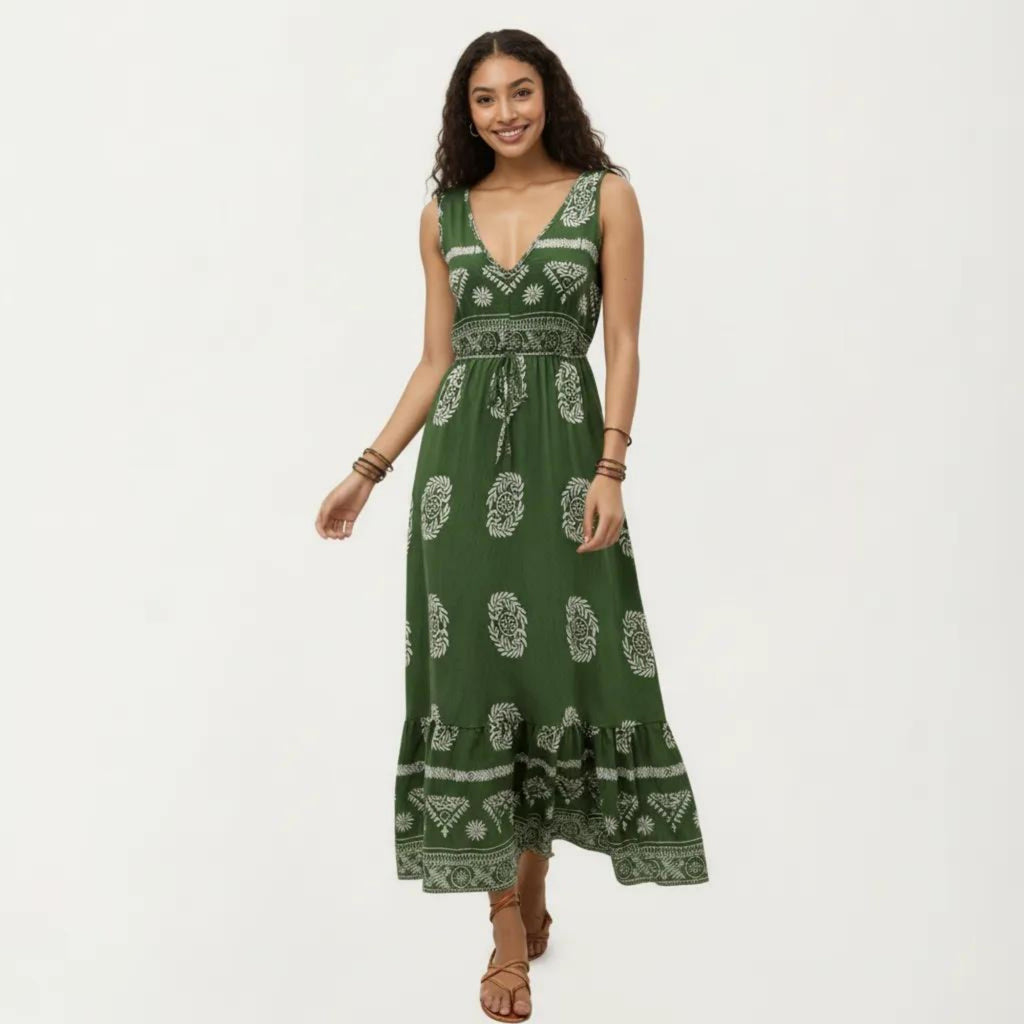 Anna-Kaci Sleeveless V Neck Maxi Dress with Bohemian Print Tiered Hem Detail and Relaxed Flowy Fit Design