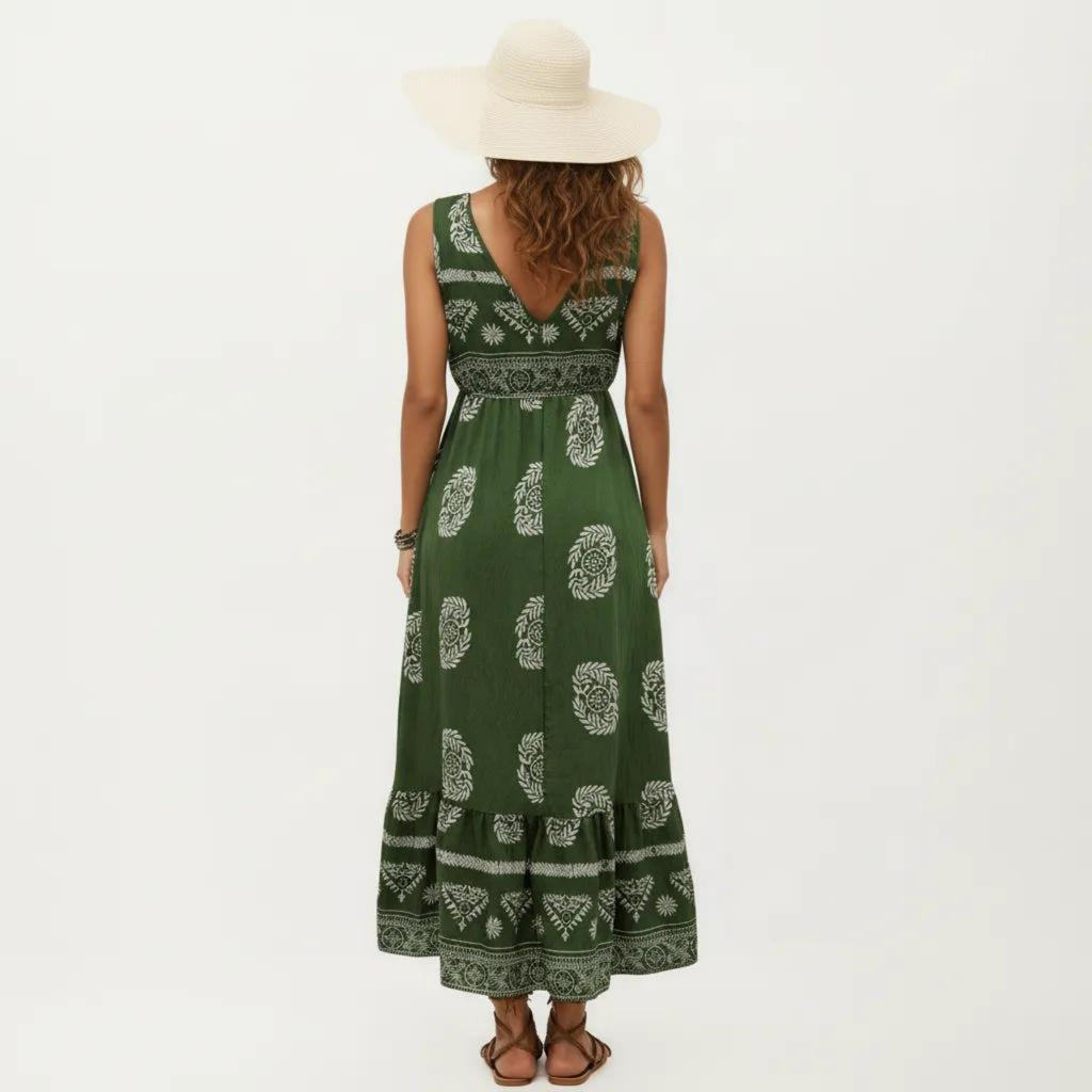 Anna-Kaci Sleeveless V Neck Maxi Dress with Bohemian Print Tiered Hem Detail and Relaxed Flowy Fit Design