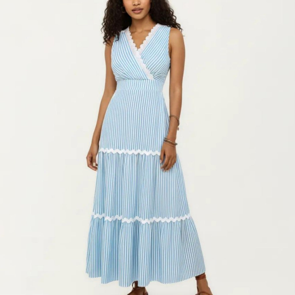 Anna-Kaci Sleeveless Striped Maxi Dress with V Neckline Contrast Trim Detail and Tiered Flowy Silhouette