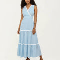Anna-Kaci Sleeveless Striped Maxi Dress with V Neckline Contrast Trim Detail and Tiered Flowy Silhouette