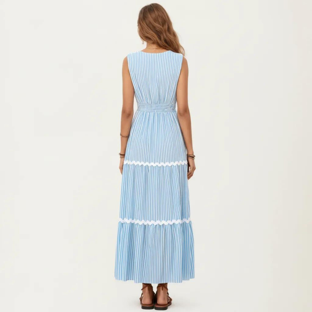 Anna-Kaci Sleeveless Striped Maxi Dress with V Neckline Contrast Trim Detail and Tiered Flowy Silhouette
