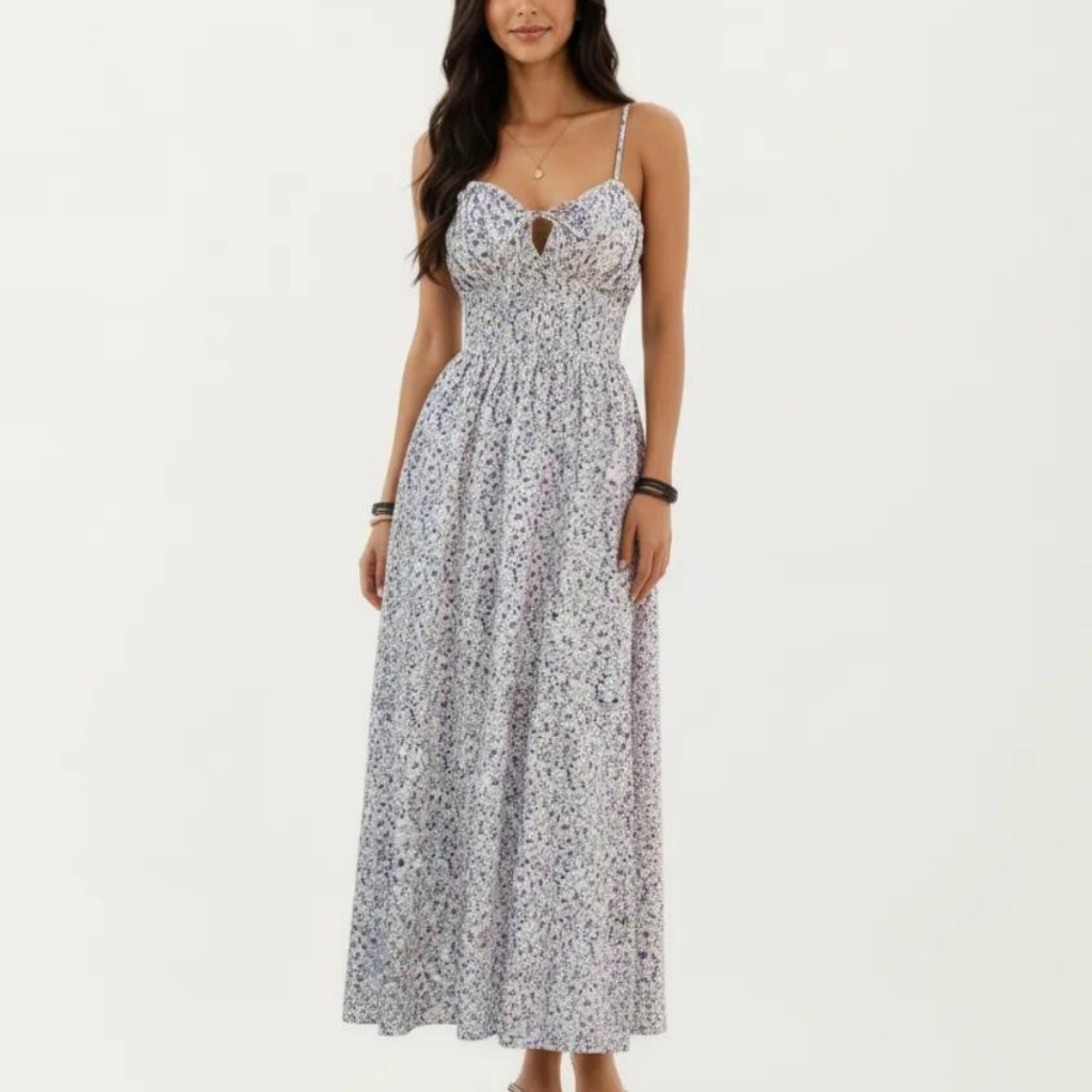 Anna-Kaci Sleeveless Floral Maxi Dress with Spaghetti Straps Smocked Waist and Flowy A-Line Silhouette Design