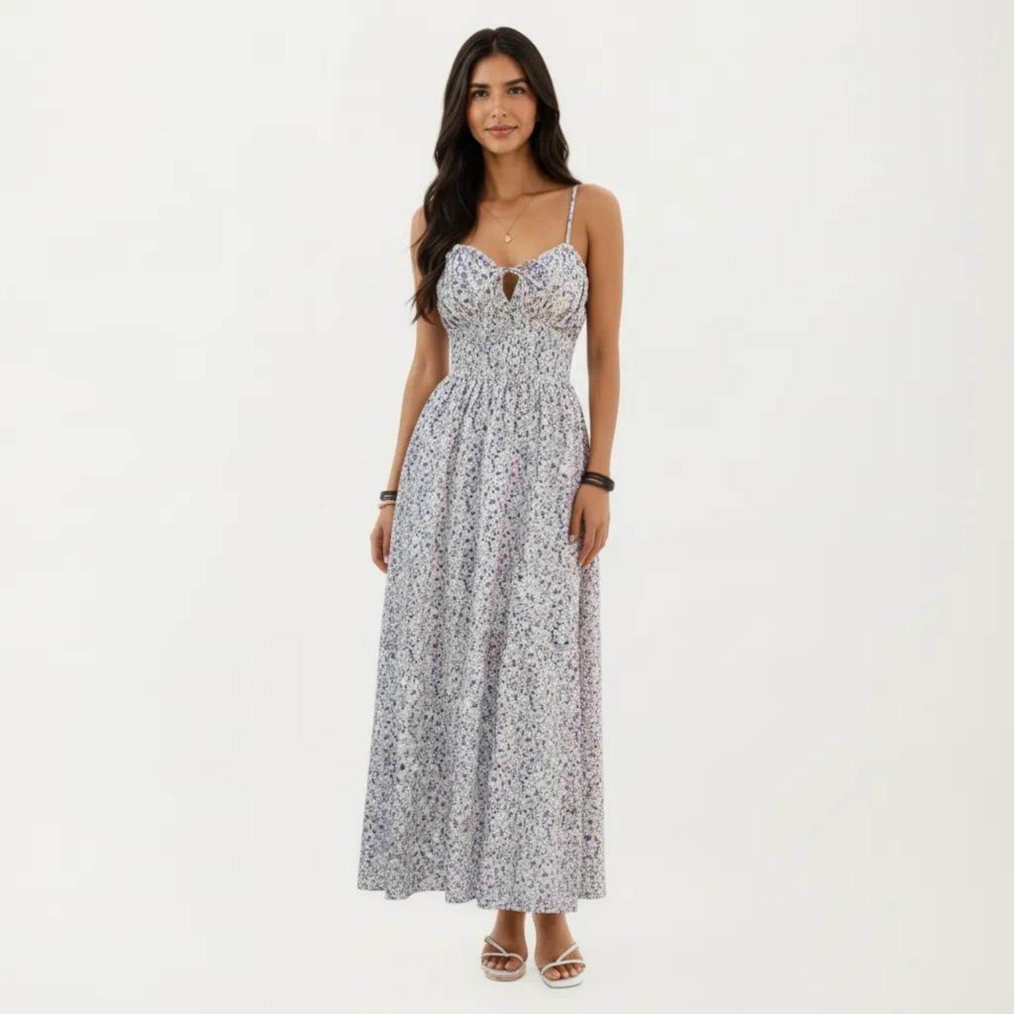 Anna-Kaci Sleeveless Floral Maxi Dress with Spaghetti Straps Smocked Waist and Flowy A-Line Silhouette Design