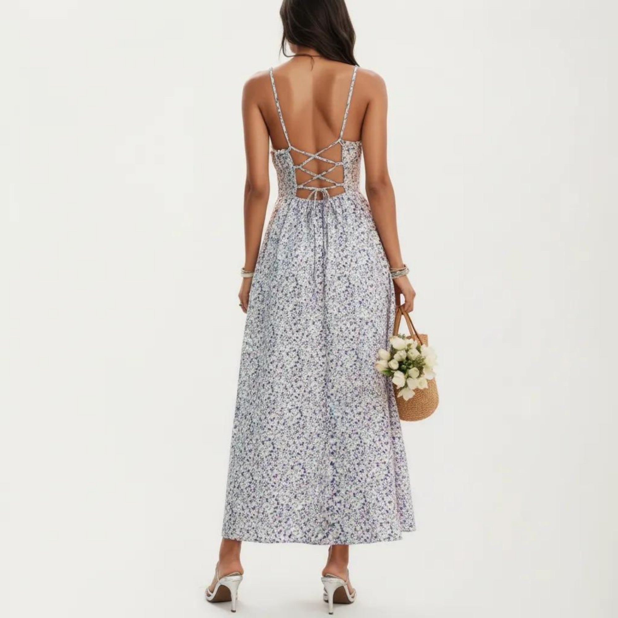 Anna-Kaci Sleeveless Floral Maxi Dress with Spaghetti Straps Smocked Waist and Flowy A-Line Silhouette Design