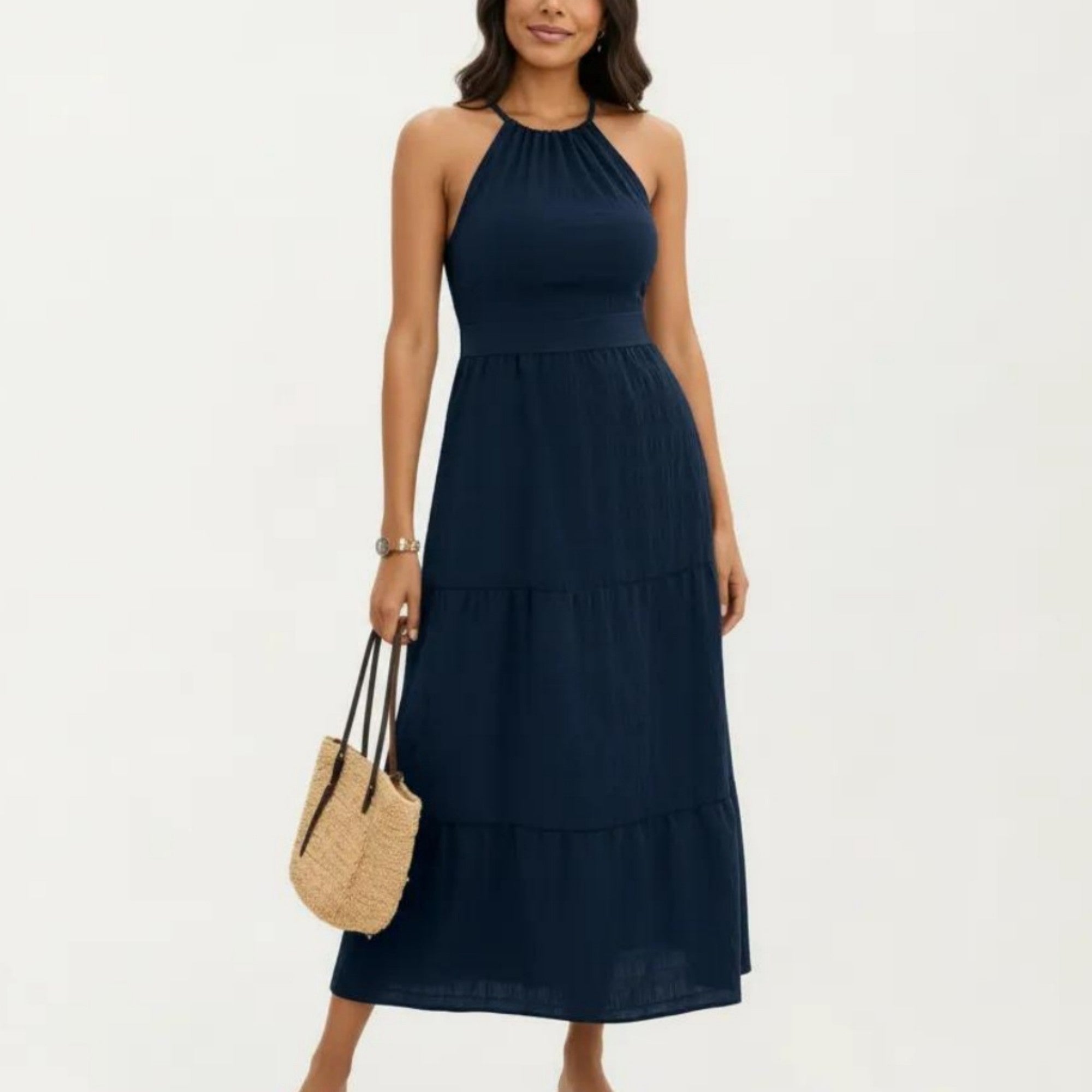 Anna-Kaci Sleeveless Halter Neck Midi Dress with Tiered Skirt Detail and Relaxed Flowy Fit Lightweight Design