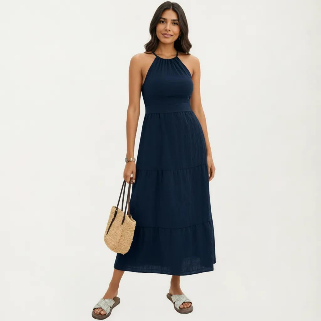 Anna-Kaci Sleeveless Halter Neck Midi Dress with Tiered Skirt Detail and Relaxed Flowy Fit Lightweight Design