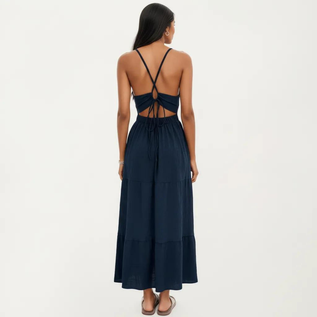 Anna-Kaci Sleeveless Halter Neck Midi Dress with Tiered Skirt Detail and Relaxed Flowy Fit Lightweight Design