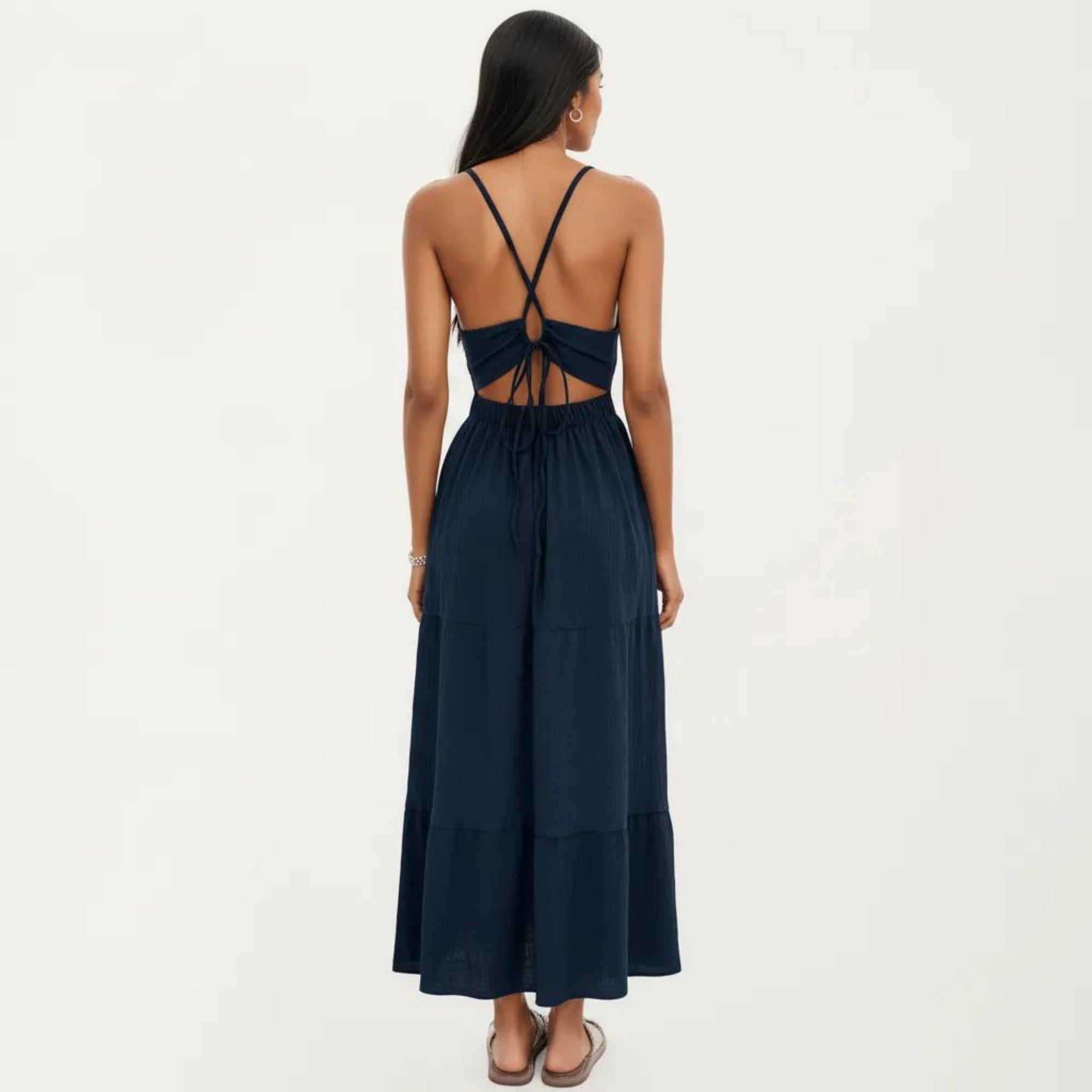 Anna-Kaci Sleeveless Halter Neck Midi Dress with Tiered Skirt Detail and Relaxed Flowy Fit Lightweight Design