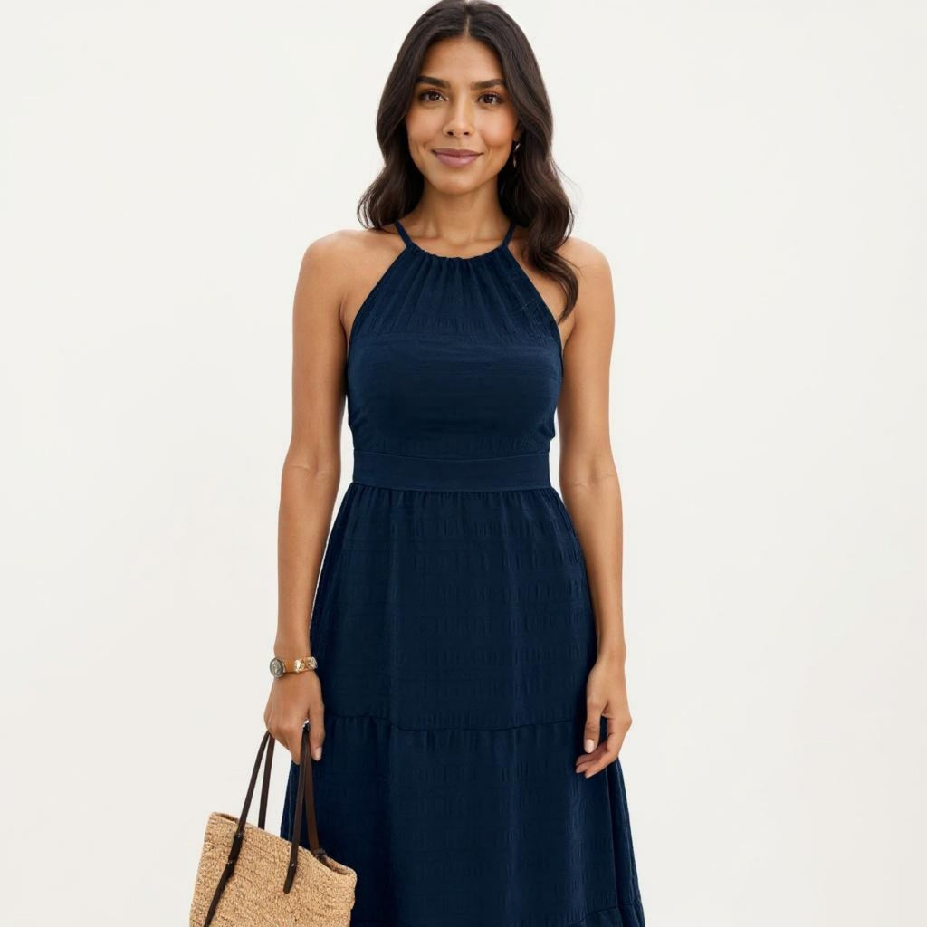 Anna-Kaci Sleeveless Halter Neck Midi Dress with Tiered Skirt Detail and Relaxed Flowy Fit Lightweight Design