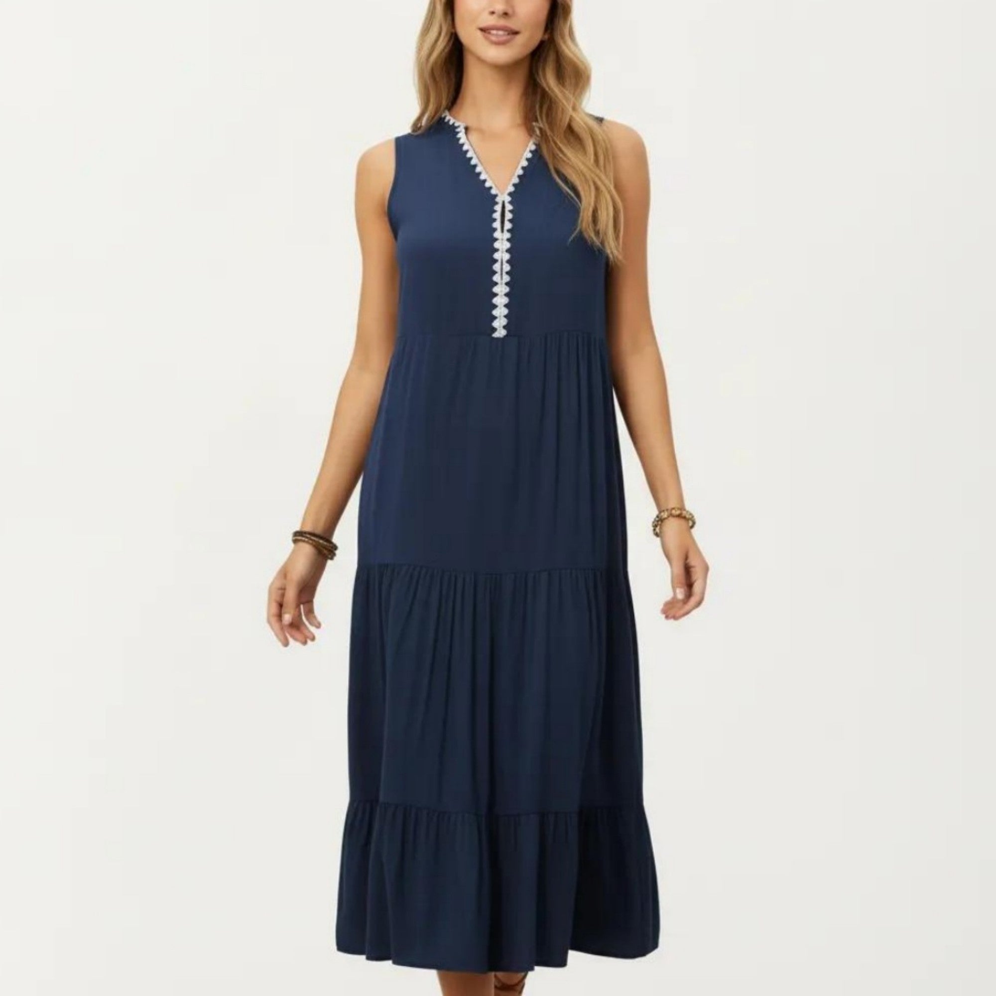 Anna-Kaci Sleeveless V Neck Midi Dress with Contrast Trim Detail Tiered Skirt and Relaxed Flowy Fit Design