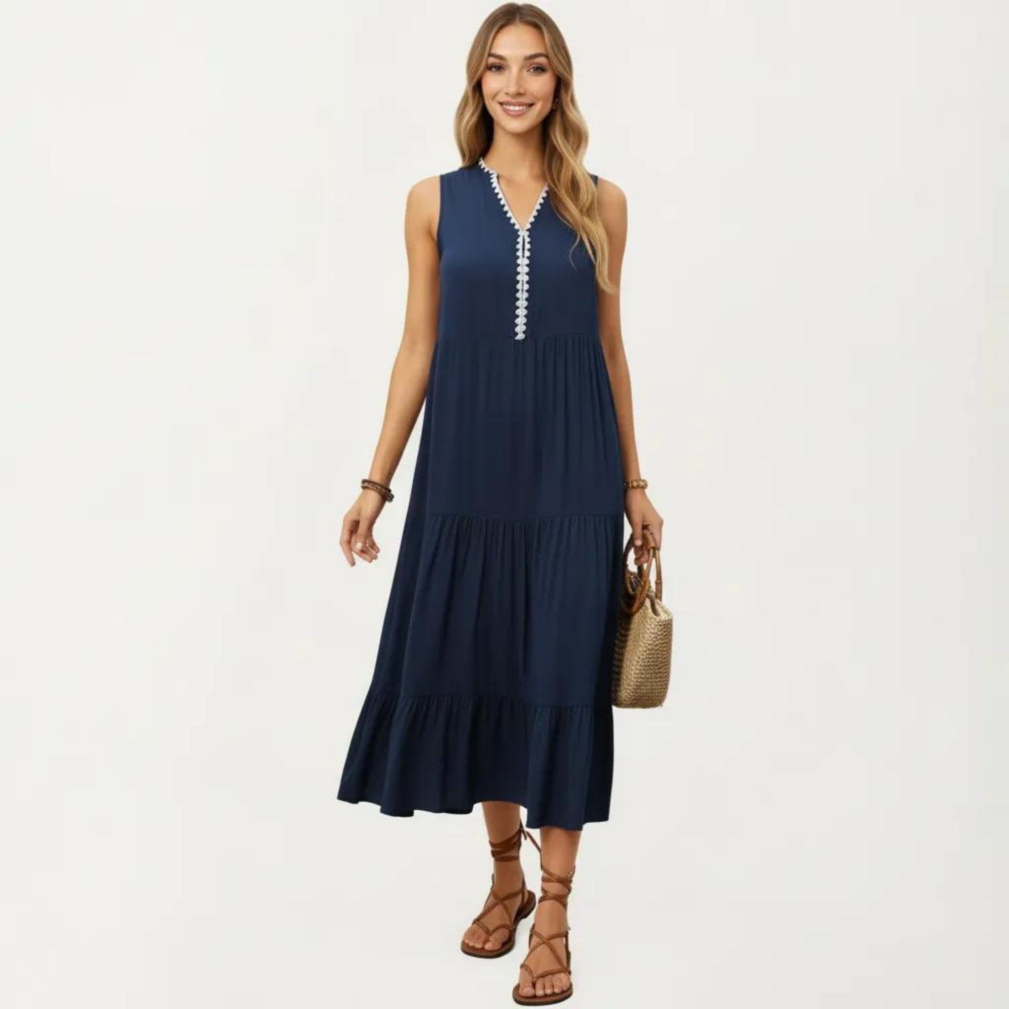 Anna-Kaci Sleeveless V Neck Midi Dress with Contrast Trim Detail Tiered Skirt and Relaxed Flowy Fit Design