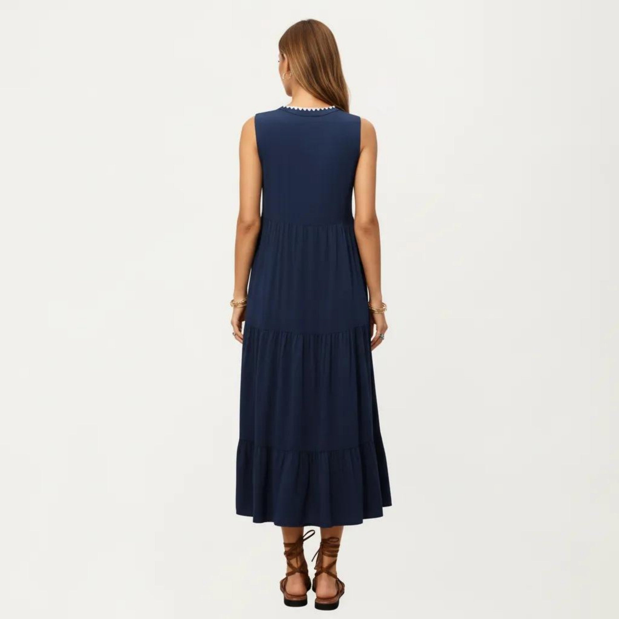 Anna-Kaci Sleeveless V Neck Midi Dress with Contrast Trim Detail Tiered Skirt and Relaxed Flowy Fit Design