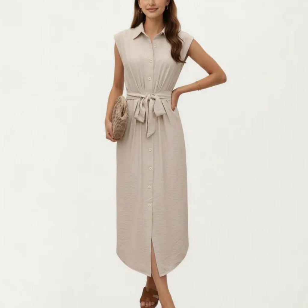 Anna-Kaci Sleeveless Button Front Midi Dress with Collared Neckline and Relaxed Fit Flowy Silhouette Design