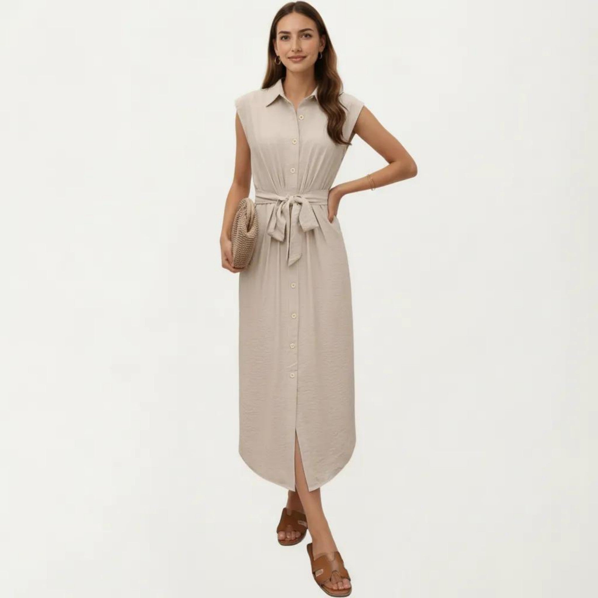 Anna-Kaci Sleeveless Button Front Midi Dress with Collared Neckline and Relaxed Fit Flowy Silhouette Design