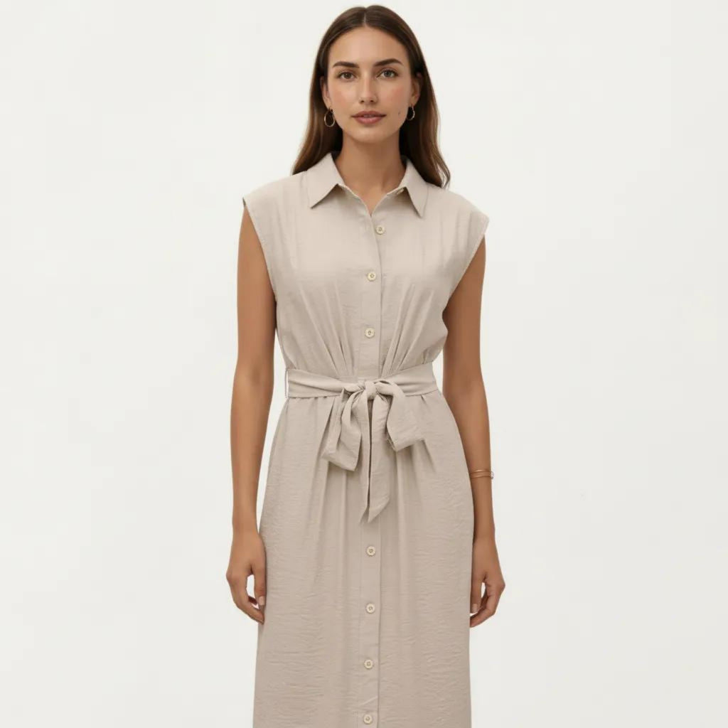Anna-Kaci Sleeveless Button Front Midi Dress with Collared Neckline and Relaxed Fit Flowy Silhouette Design