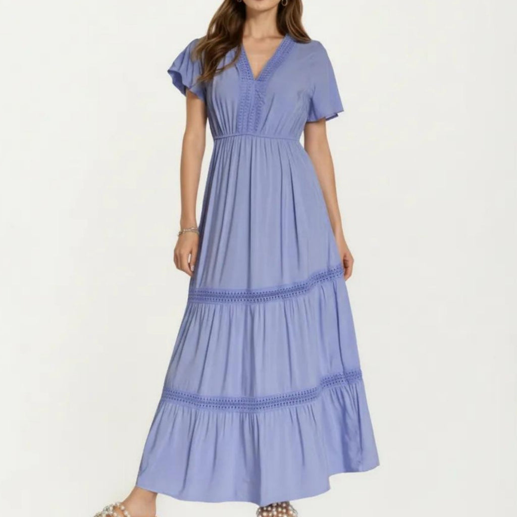 Anna-Kaci Short Sleeve V Neck Maxi Dress with Tiered Skirt Detail and Relaxed Fit Flowy Silhouette Design