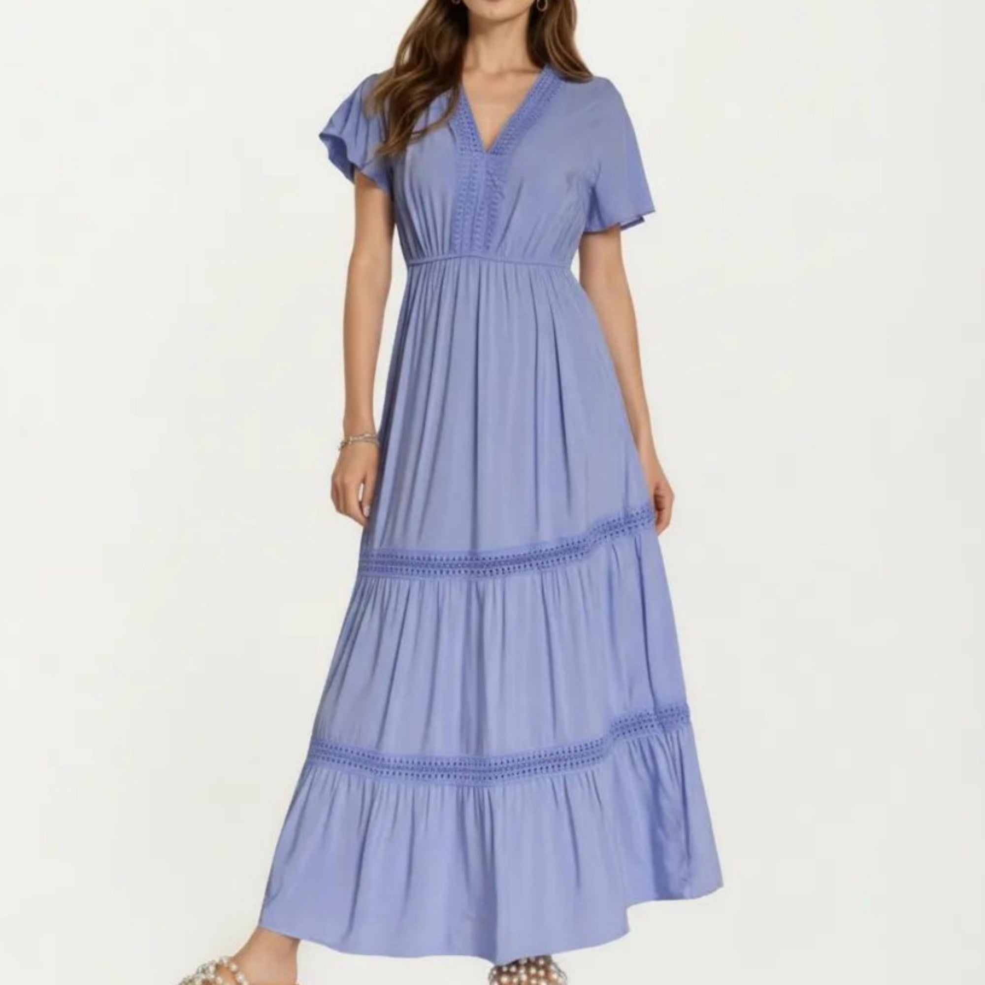 Anna-Kaci Short Sleeve V Neck Maxi Dress with Tiered Skirt Detail and Relaxed Fit Flowy Silhouette Design