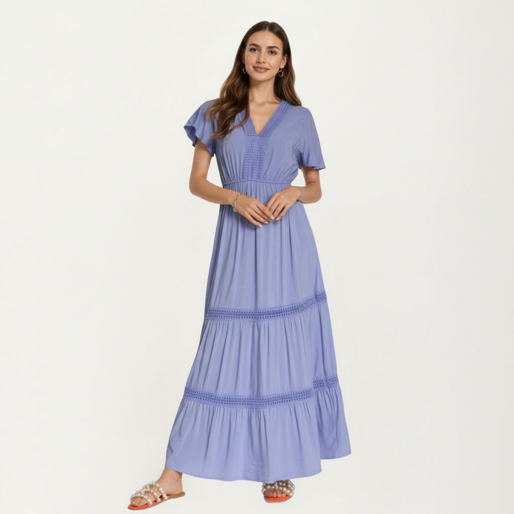 Anna-Kaci Short Sleeve V Neck Maxi Dress with Tiered Skirt Detail and Relaxed Fit Flowy Silhouette Design
