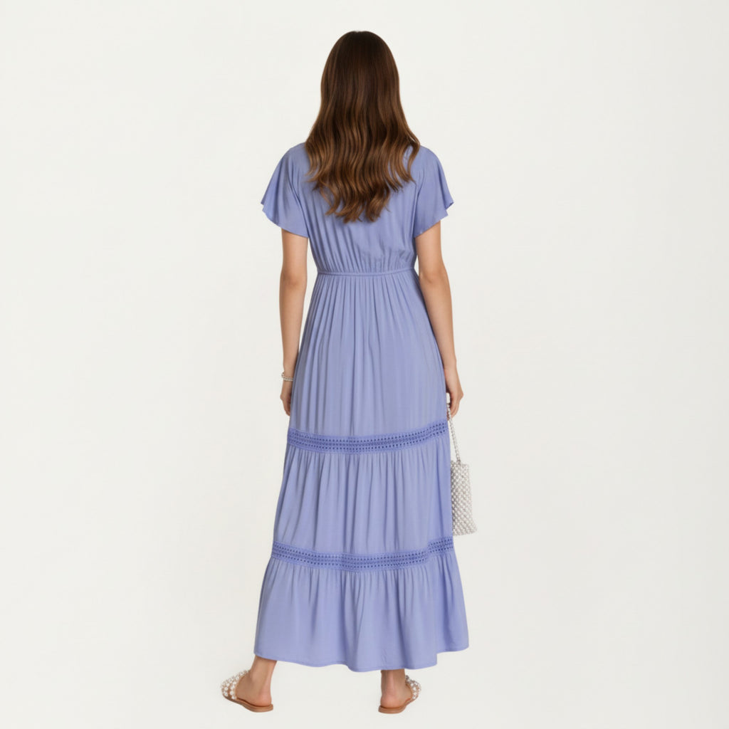 Anna-Kaci Short Sleeve V Neck Maxi Dress with Tiered Skirt Detail and Relaxed Fit Flowy Silhouette Design