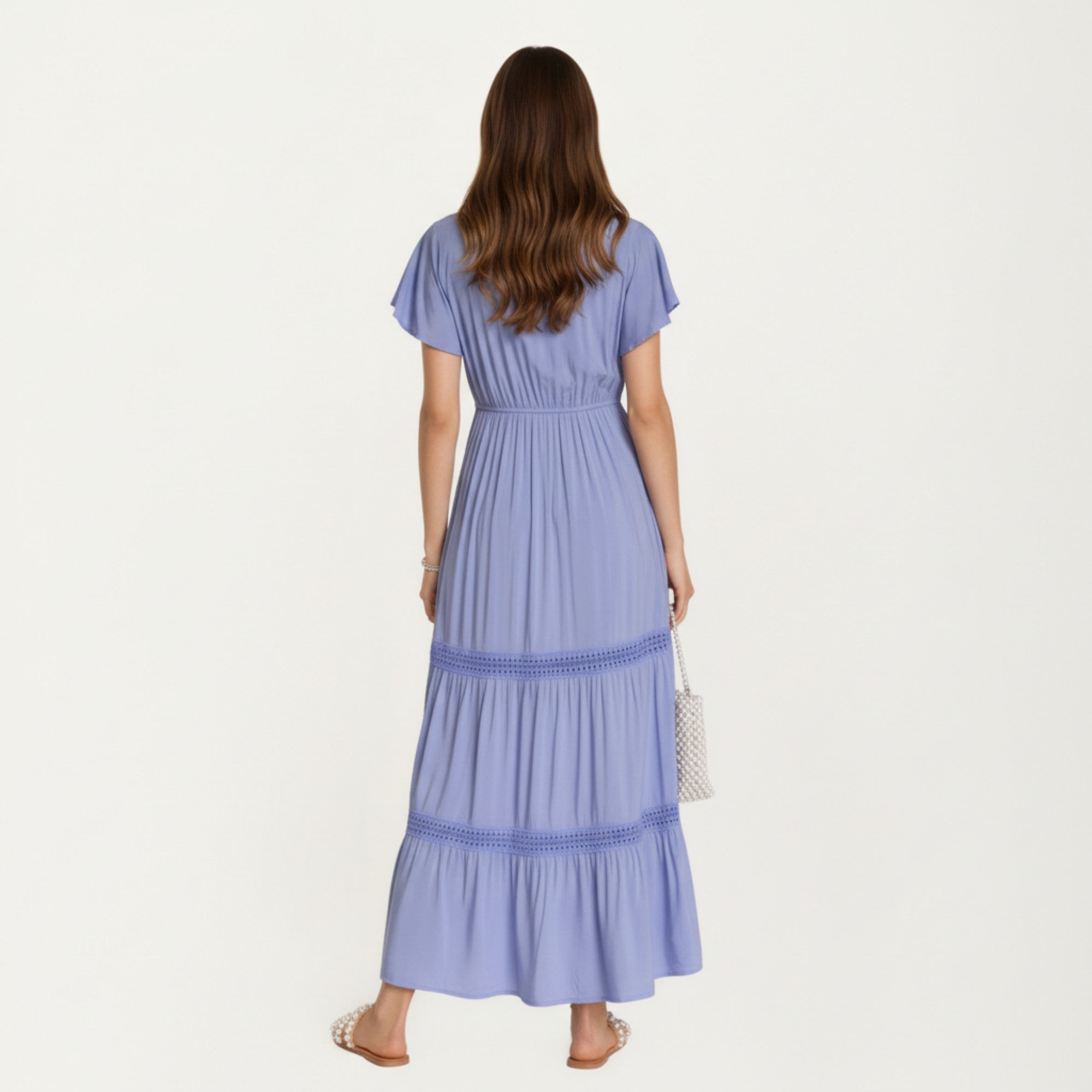 Anna-Kaci Short Sleeve V Neck Maxi Dress with Tiered Skirt Detail and Relaxed Fit Flowy Silhouette Design