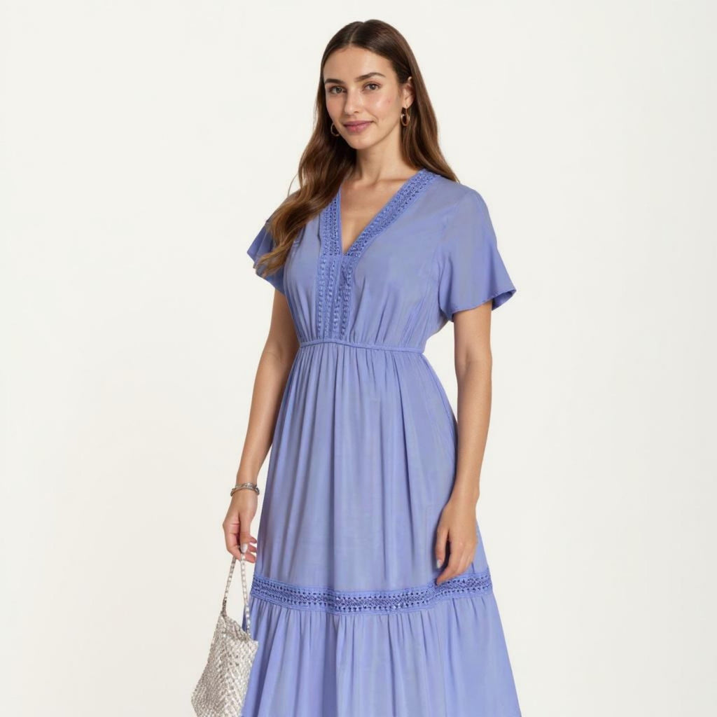 Anna-Kaci Short Sleeve V Neck Maxi Dress with Tiered Skirt Detail and Relaxed Fit Flowy Silhouette Design