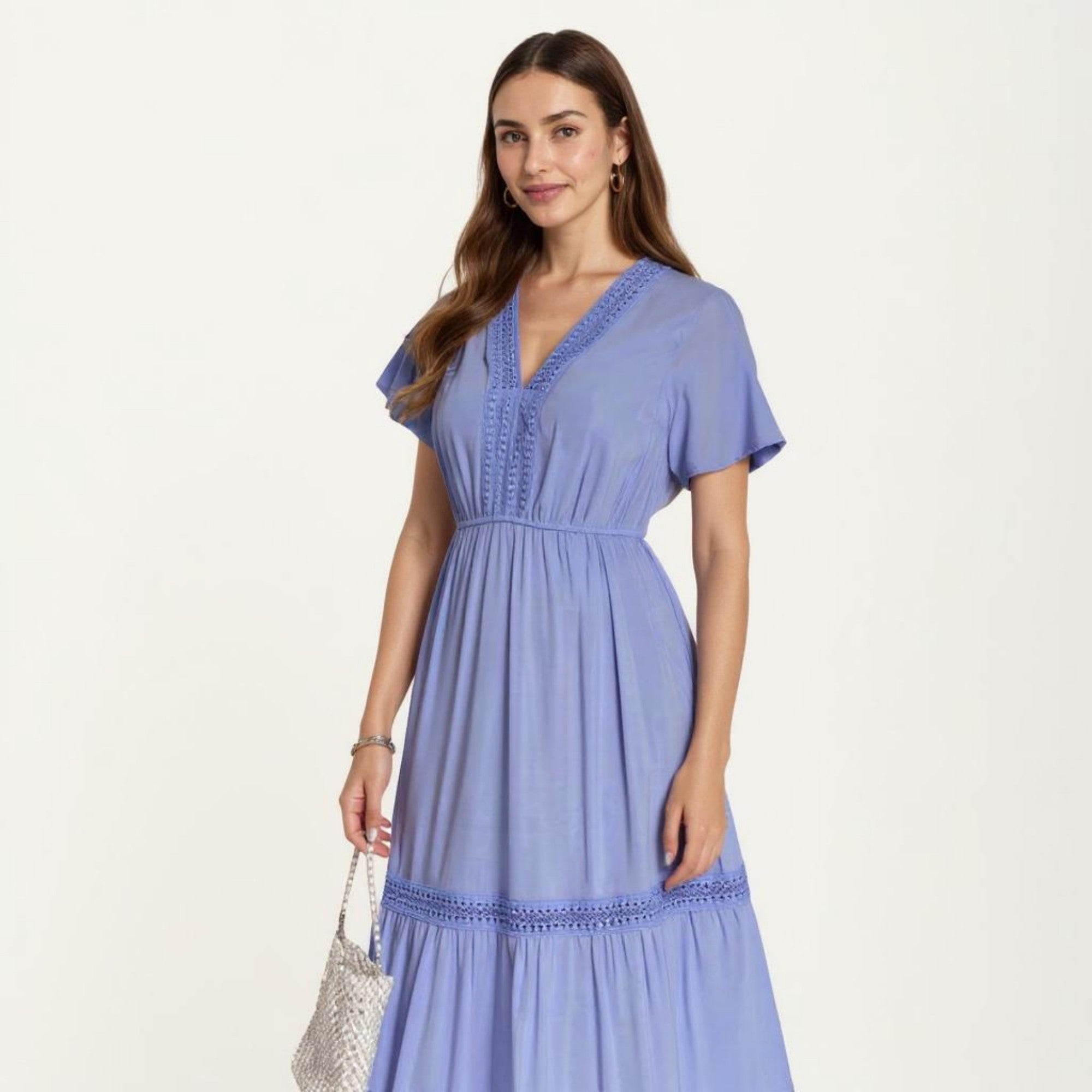 Anna-Kaci Short Sleeve V Neck Maxi Dress with Tiered Skirt Detail and Relaxed Fit Flowy Silhouette Design