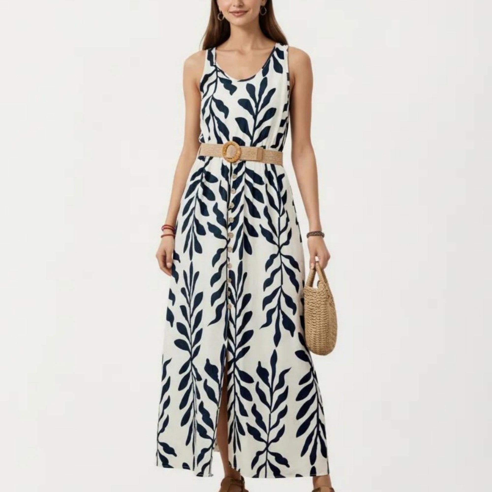 Anna-Kaci Sleeveless Printed Maxi Dress with Belt Button Front Detail Round Neck and Flowy Silhouette