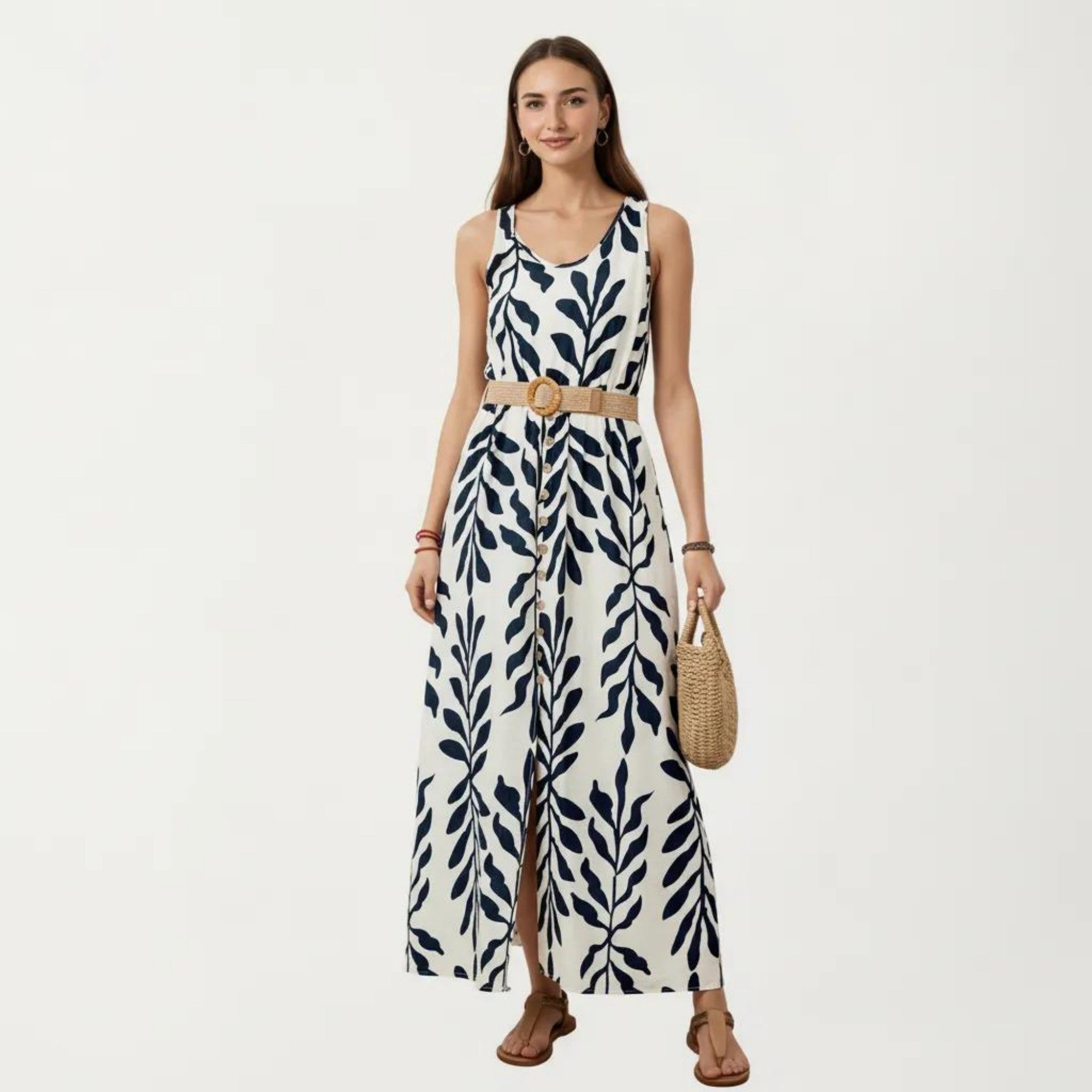 Anna-Kaci Sleeveless Printed Maxi Dress with Belt Button Front Detail Round Neck and Flowy Silhouette