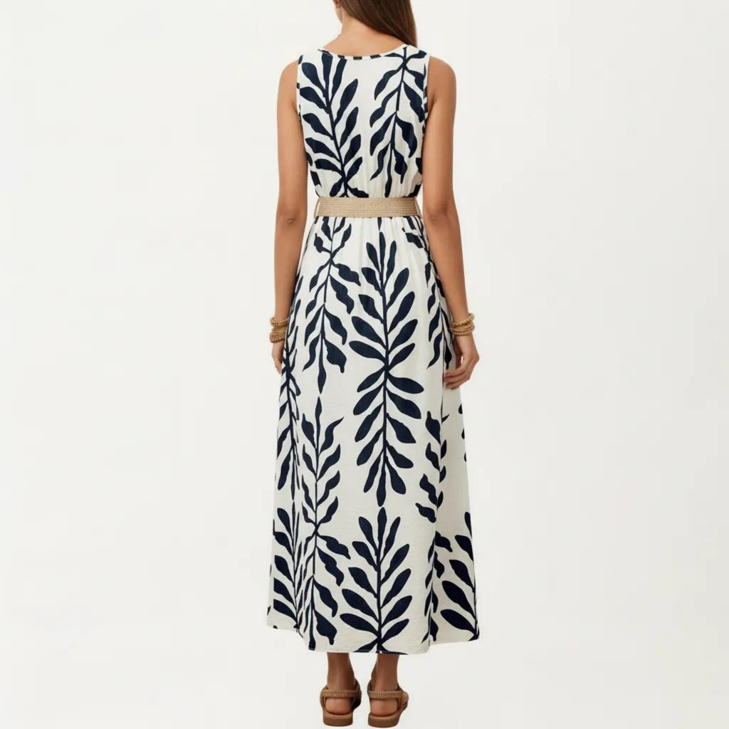 Anna-Kaci Sleeveless Printed Maxi Dress with Belt Button Front Detail Round Neck and Flowy Silhouette