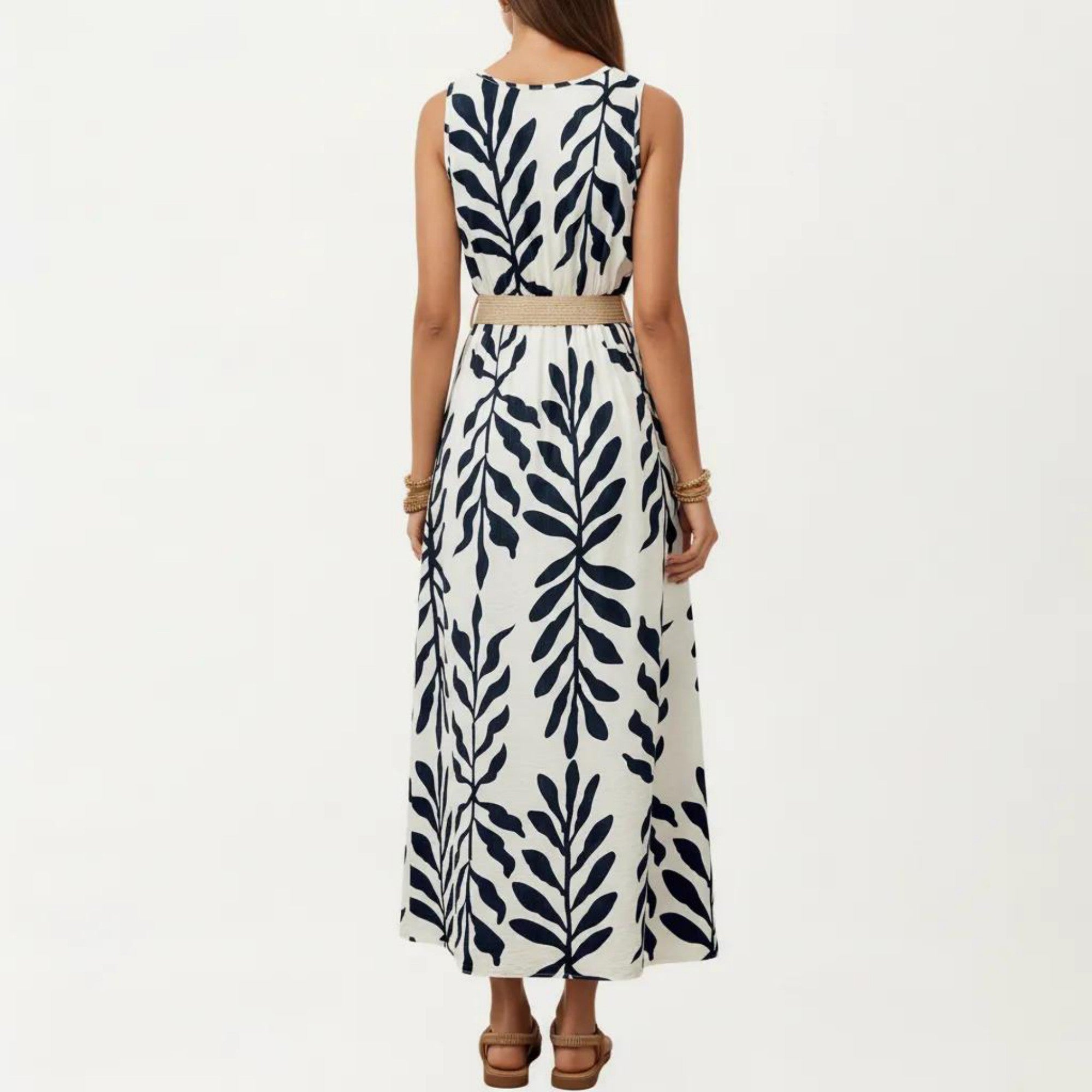 Anna-Kaci Sleeveless Printed Maxi Dress with Belt Button Front Detail Round Neck and Flowy Silhouette