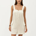 Anna-Kaci Sleeveless Textured Romper with Wide Straps Button Front Detail and Relaxed Fit Lightweight Design