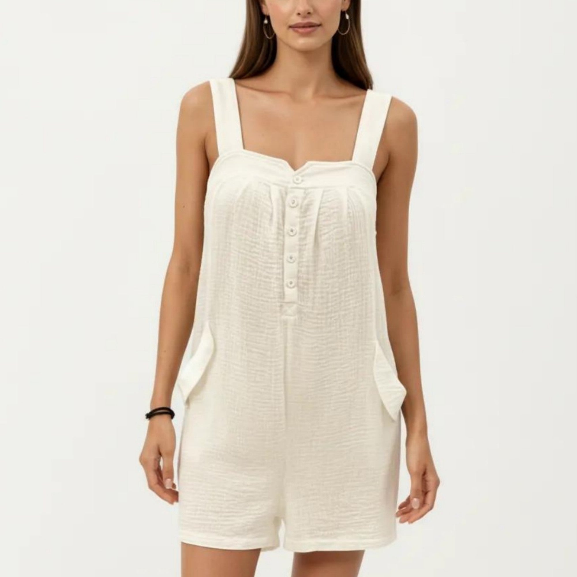 Anna-Kaci Sleeveless Textured Romper with Wide Straps Button Front Detail and Relaxed Fit Lightweight Design