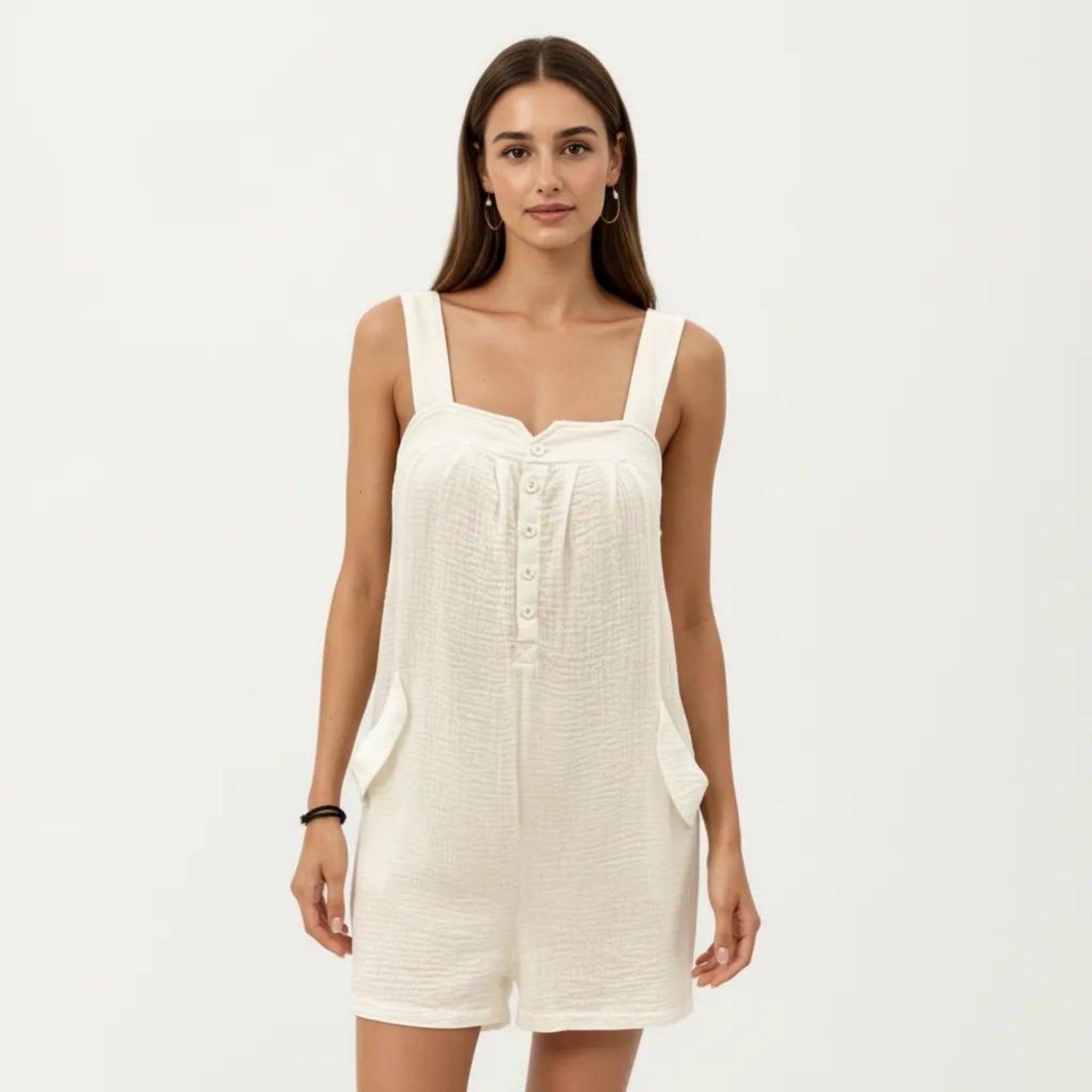 Anna-Kaci Sleeveless Textured Romper with Wide Straps Button Front Detail and Relaxed Fit Lightweight Design
